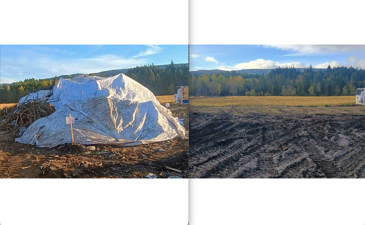 Chuck Rogers shared before and after photos showing he removed an asbestos-containing debris pile from his property at 17909 Lawrence Lake Road SE. The photo on the right was taken on Oct. 15 and the photo on the left was taken on Oct. 20, according to Rogers. The property where the debris was located is adjacent to his family’s farm, Deschutes Valley Farms.