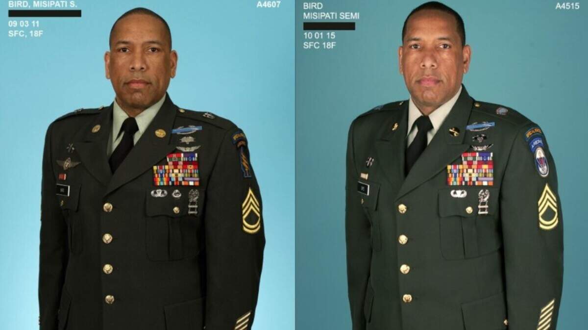 Photo on the left shows Misipati “Semi” Bird wearing badges he was not authorized to wear. On the right photo, Bird’s uniform is seen without those badges.