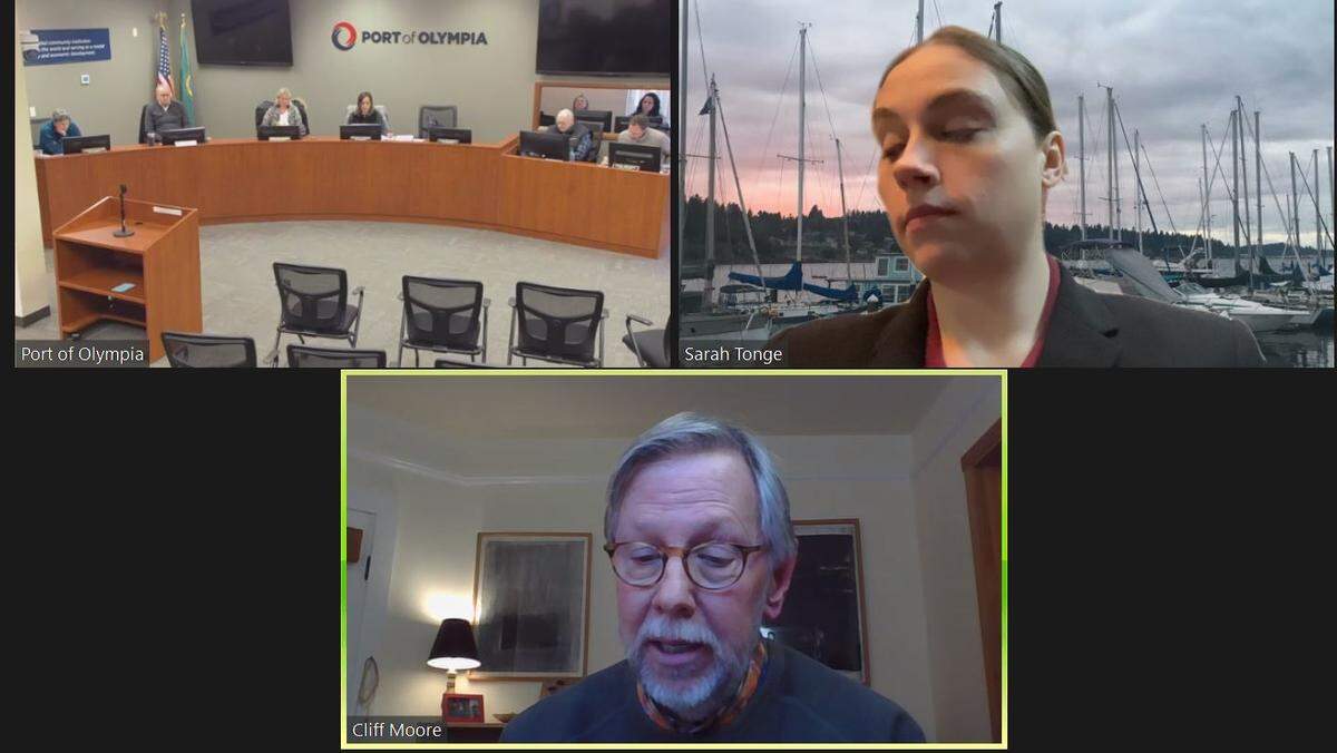 From left: The Port of Olympia commission, Commissioner Sarah Tonge participating in Tuesday’s meeting remotely and recruiter Cliff Moore.