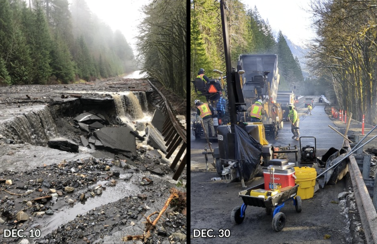Before and after images of U.S. 2 near Skykomish on Dec. 10 and Dec. 30.