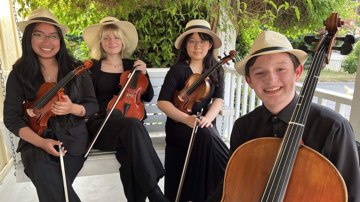 Student Orchestras of Greater Olympia musicians, from left, Alluzai Villanueva, Michelle Hegewald, Carol Gao and Andy Gorrell will perform as part of ABBA tribute “The FABBA Show” on Sunday night at the Washington Center for the Performing Arts in Olympia.