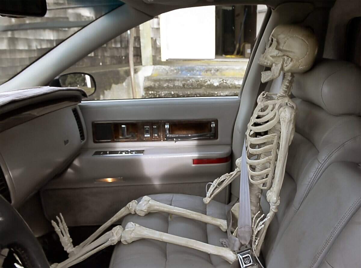 Probably not a good idea for car pool access but there’s a passenger serving as co-pilot in the fully-operational hearse  Bucoda mayor Alan Carr located in California and purchased for the town’s popular “Boo-Coda Spook-tacular” haunted house.