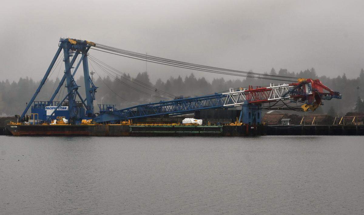 The massive crane barge Pacific Titan is currently berthed at the Port of Olympia marine terminal on Nov. 16 2025.