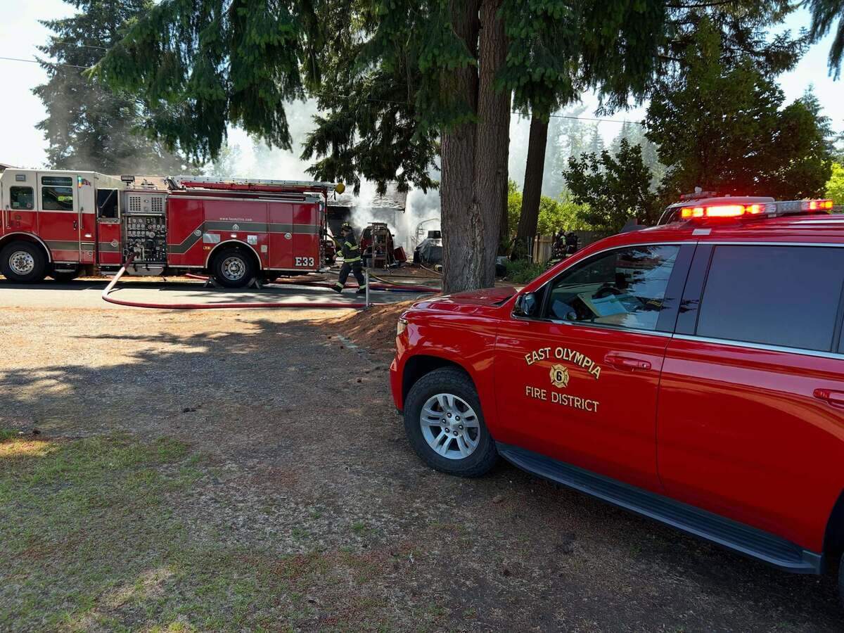 Fire damaged a home and garage Monday afternoon in southeast Thurston County, according to East Olympia Fire District 6.