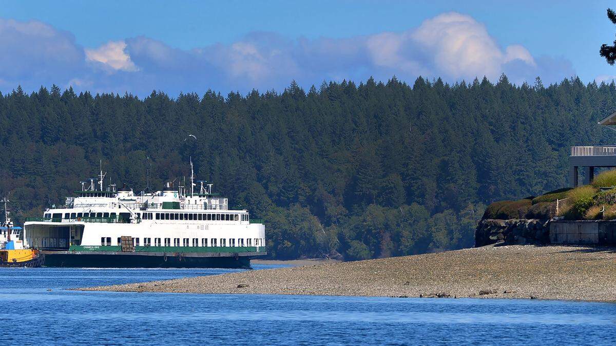 Making a good clip in Budd Inlet waters on Oct. 4 , 2021, the former Washington state ferry, Evergreen State, passes Boston Harbor, heading north.