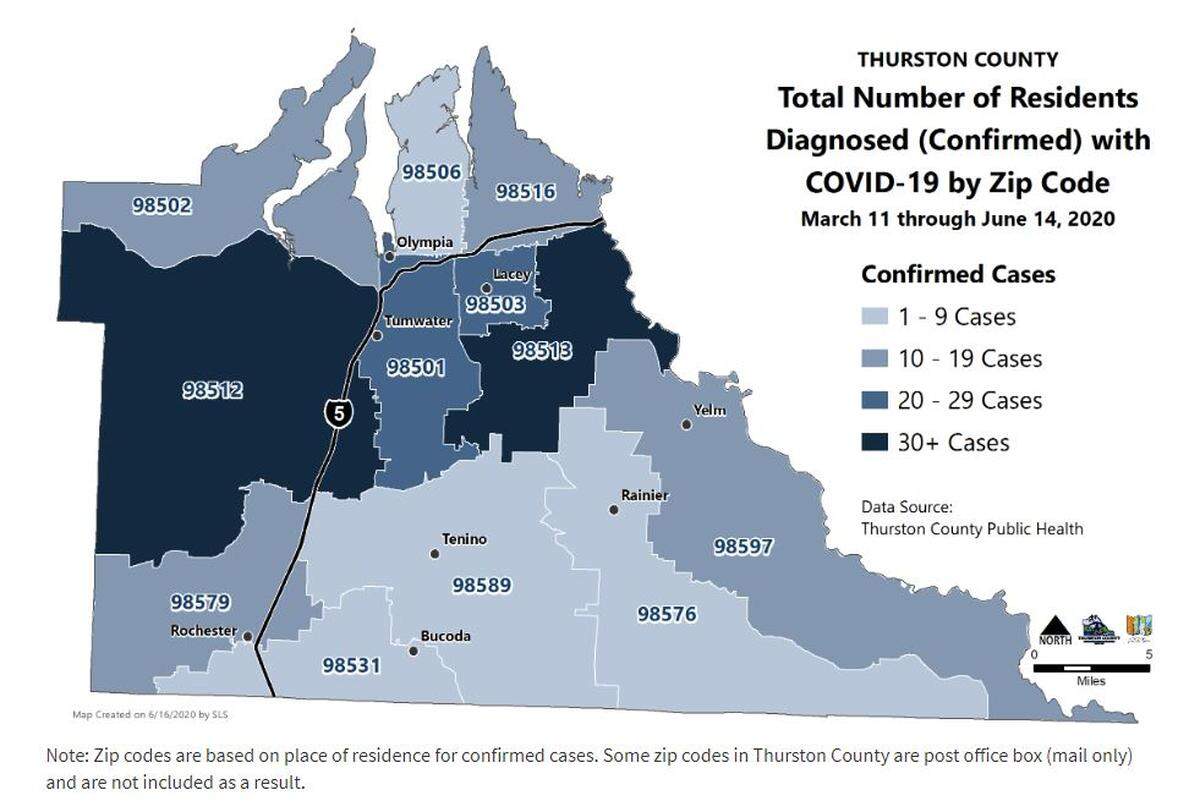 Thurston County Public Health and Social Services releases an updated map of the number of COVID-19 cases diagnosed by ZIP code each Tuesday.