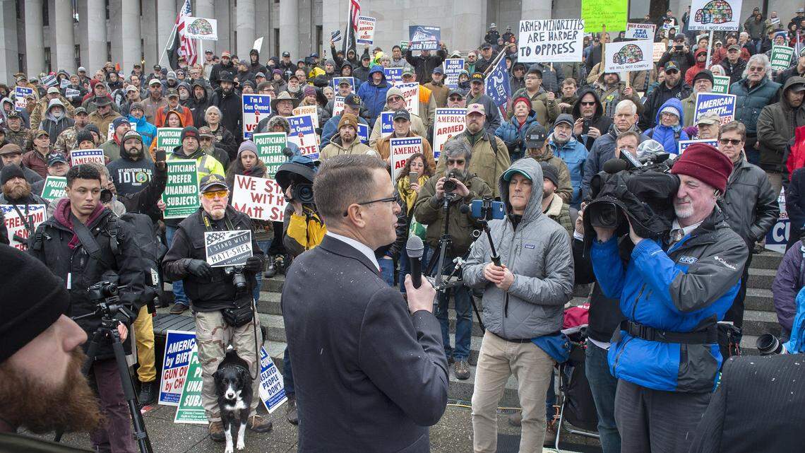Matt Shea during the Gun Rights Coalition rally at the State Capitol in Olympia on Friday. Franklin County Commissioner Clint Didier wants more support for Shea.
