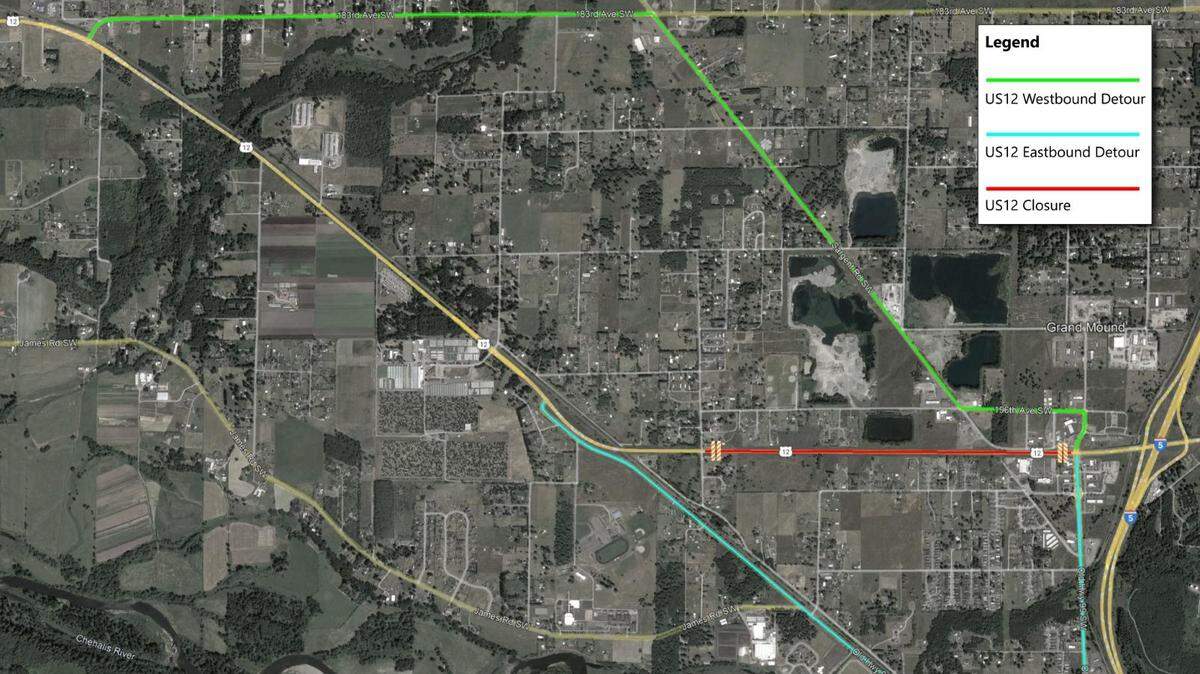 The portion of US-12 that runs through downtown Grand Mound in south Thurston County will be closed May 2 and May 3 for construction. Drivers in the area can expect detours that will prevent people from being in a work zone. 
