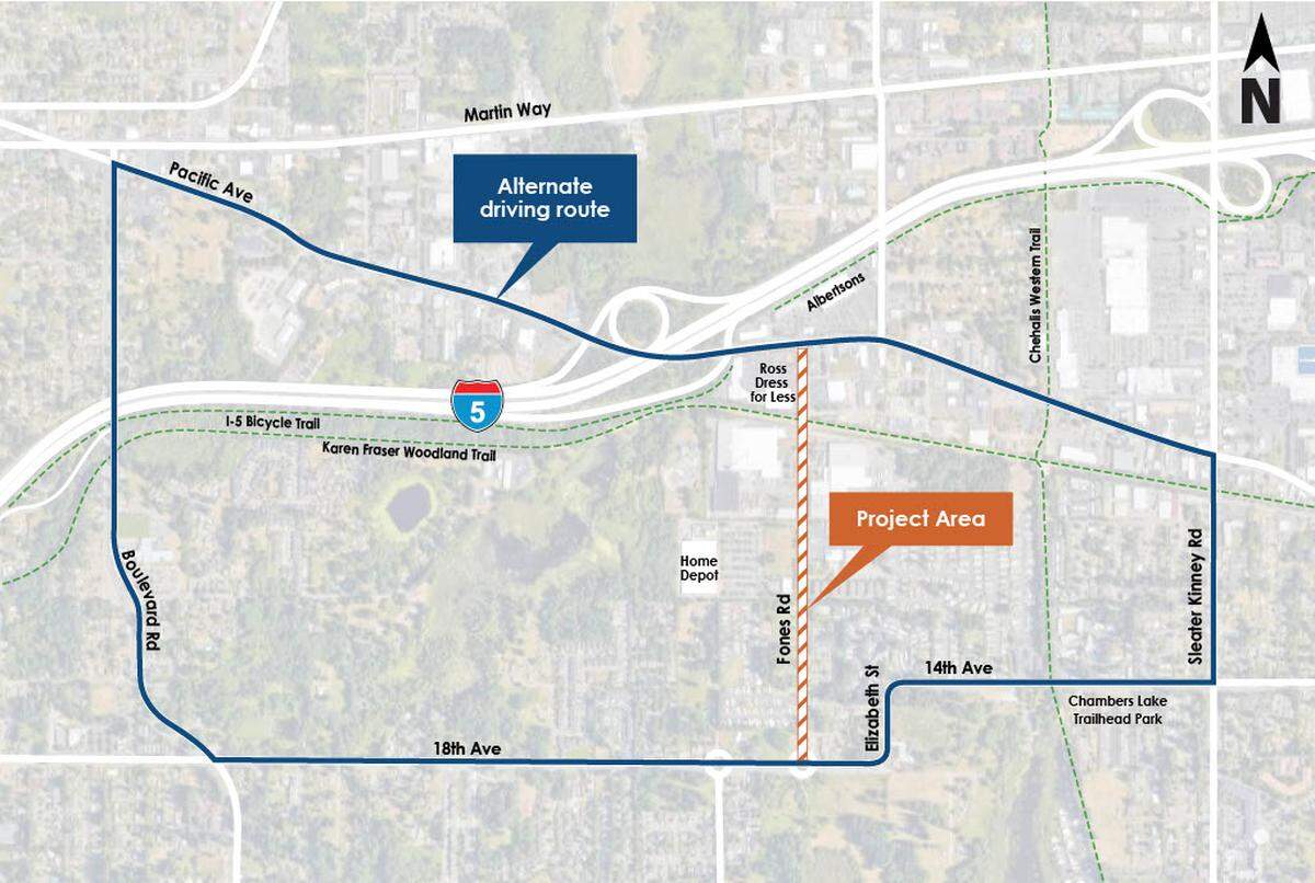 The City of Olympia shared a detour map that encourages people to avoid Fones Road entirely by using Pacific Avenue, Boulevard Road, 18th Avenue and Sleater Kinney Road.