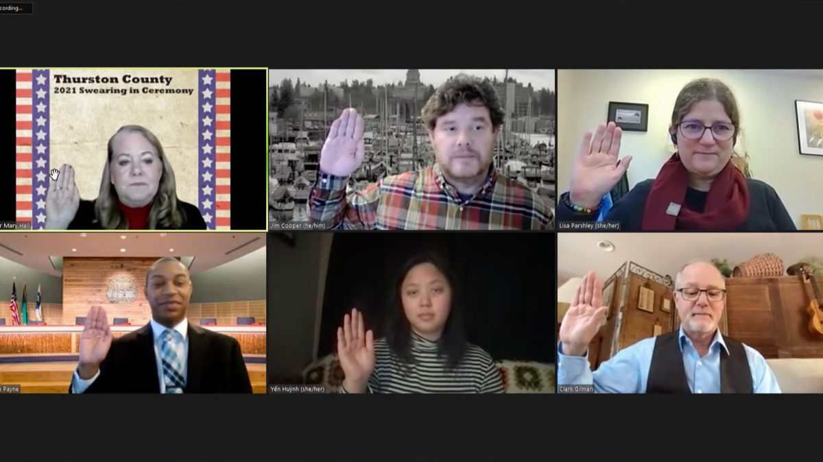 Olympia City Council members Jim Cooper, Lisa Parshley, Dontae Payne, Yến Huỳnh and Clark Gilman are sworn-in by Thurston County Auditor Mary Hall during a virtual ceremony on Wednesday.