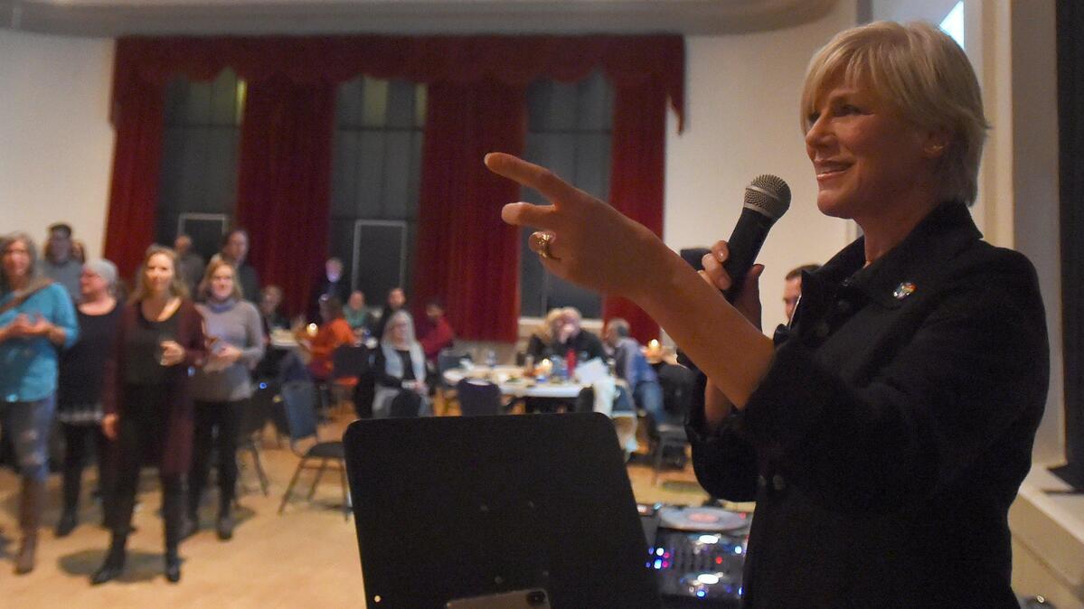 Olympia Mayor Cheryl Selby thanks campaign supporters at an election night party at the Olympia Ballroom.