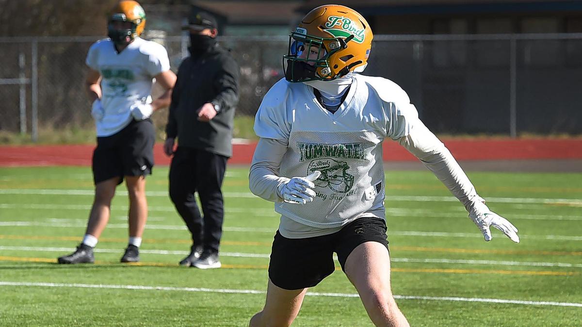 Defensive back Jack Jones gets into coverage during Tuesday drills Tuesday as Tumwater prepares to host undefeated Steilacoom on Saturday, March 20, 2021.