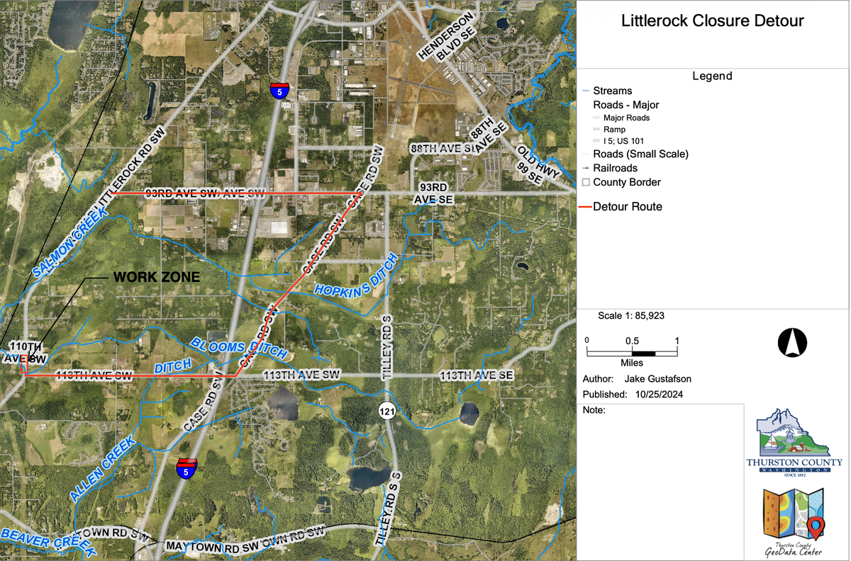 A map showing a planned detour route for travelers on Littlerock Road Southwest. The county plans to close the road at the crossing of Blooms Ditch for up to 16 weeks this summer.