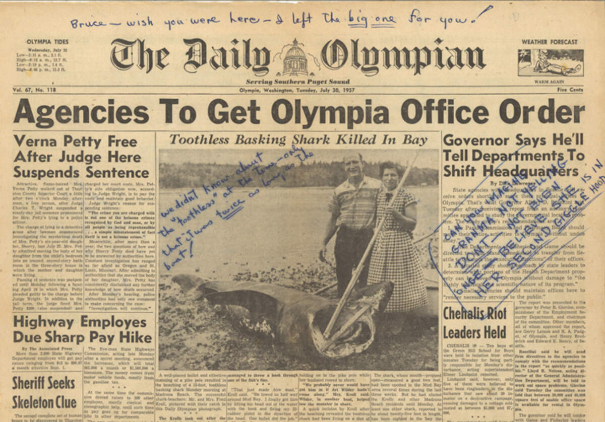One of the album’s most personal songs, “Grandma Caught the Shark,” tells the story of the day in 1957 when the exploits of Dyer’s grandparents, Fred and Faith Kroll, landed them on the front page of The Olympian.