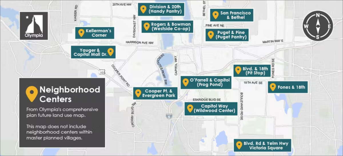 The City of Olympia hired a consulting firm in January, 2022 to study 12 locations outside of master planned communities where it could help develop or improve neighborhood centers.