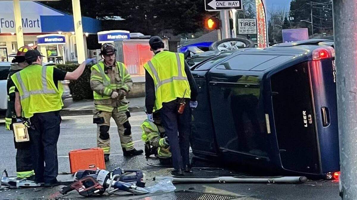 Lacey Fire District 3 crews responded to a collision that knocked a vehicle onto its side Monday morning at Lacey Boulevard and College Street.