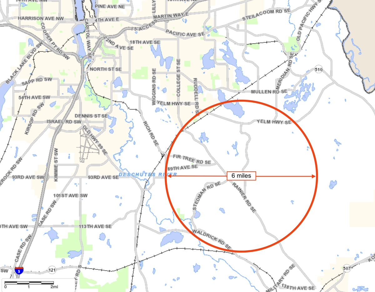 A map showing the proposed area for a new, two-runway airport in Thurston County. The area spans six miles in diameter and is bisected by Rainier Road Southeast.
