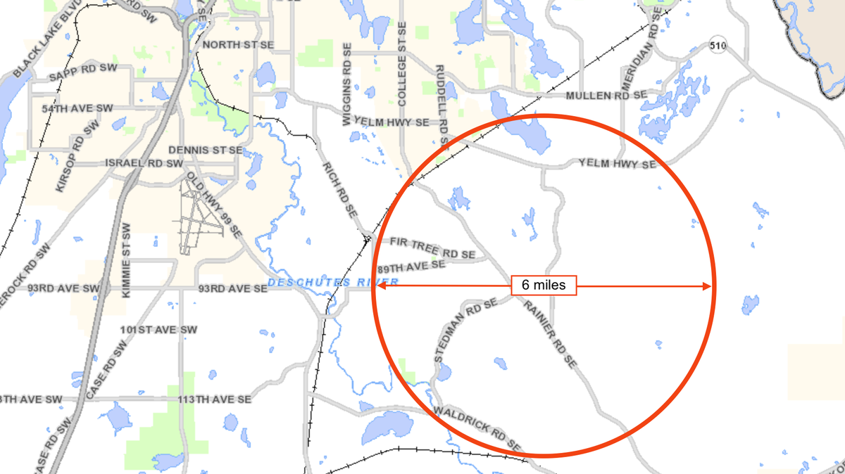 A map showing the proposed area for a new, two-runway airport in Thurston County. The area spans six miles in diameter and is bisected by Rainier Road Southeast.