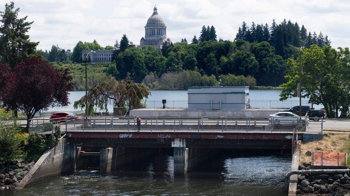 The Fifth Avenue dam creates Capitol Lake in Olympia, Washington, on Friday, July 2, 2021. If the dam were removed, it would return the lake area to tide flats.