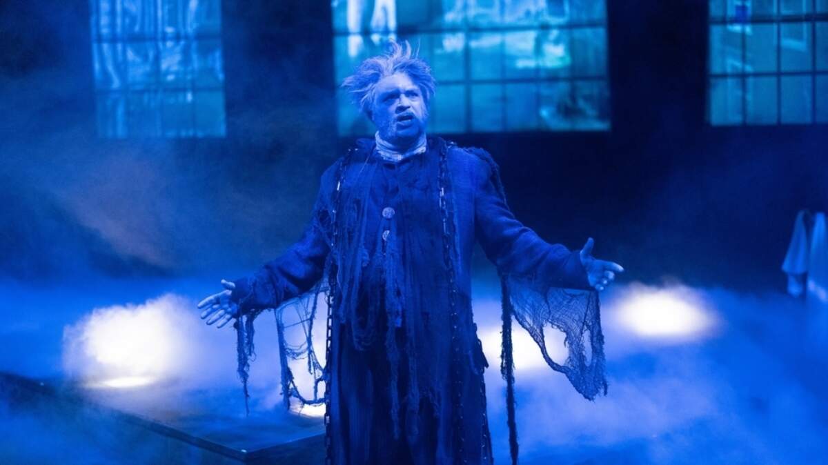 The ghost of Jacob Marley (Scott C. Brown) cuts a fearsome figure in Harlequin Productions’ “A Christmas Carol.”