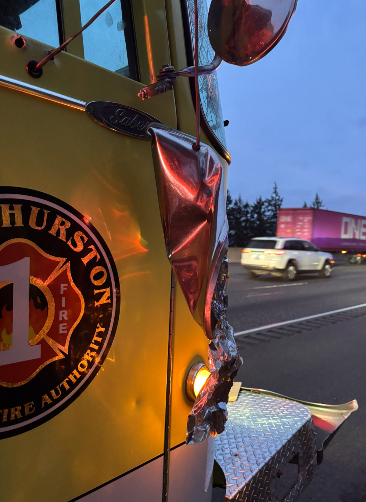A semi-truck swiped a West Thurston Regional Fire Authority fire engine at the scene of a fiery wreck on I-5 near Grand Mound on Wednesday, Dec. 3, 2025.