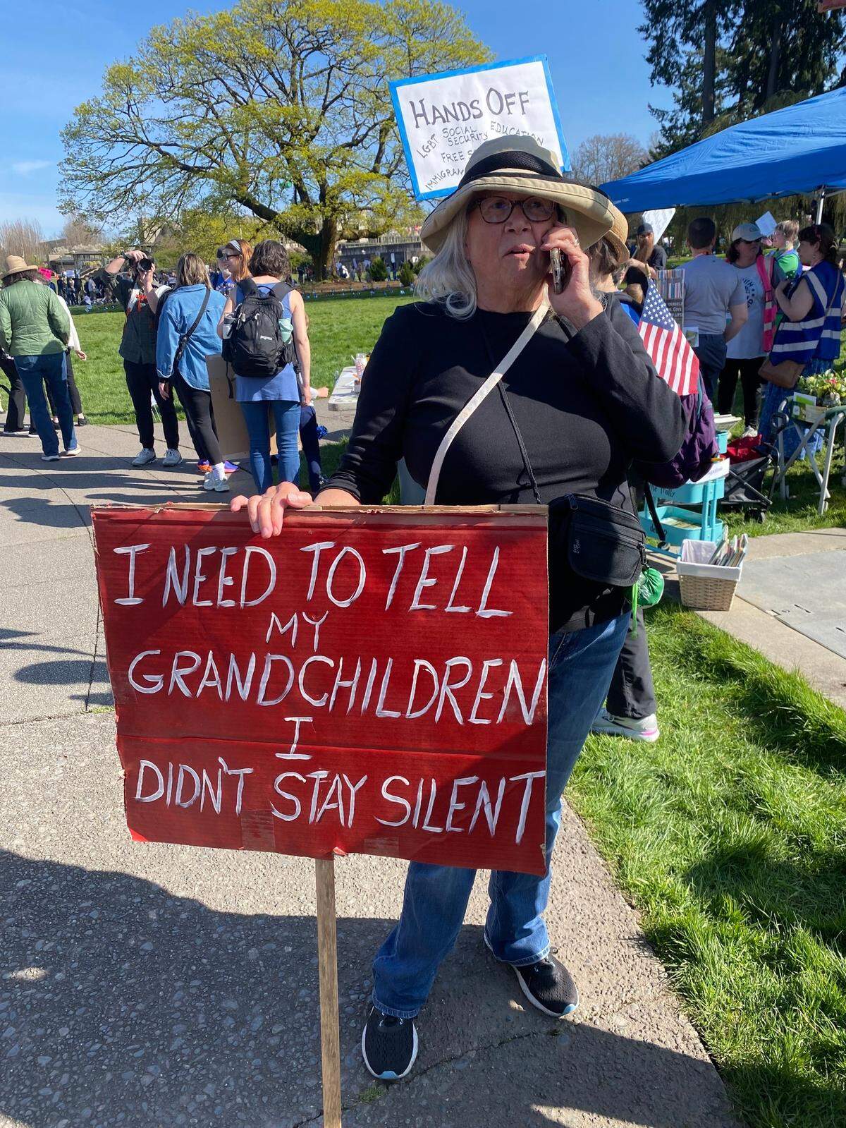 Sara Knight of Tumwater said she was at Saturday’s rally “for my children. I can’t believe I did this 50 years ago and I have to do this again.”