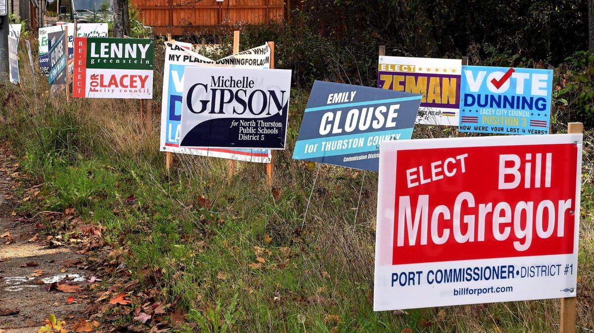 Election signs dot a corner in Thurston County.
