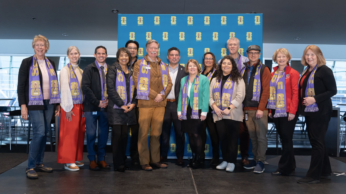 Thurston County Commissioners Carolina Mejia and Tye Menser, center right, attended a Seattle FIFA World Cup 16TM Local Organizing Committee event at Seattle’s Lumen Field on Jan. 14, 2025.