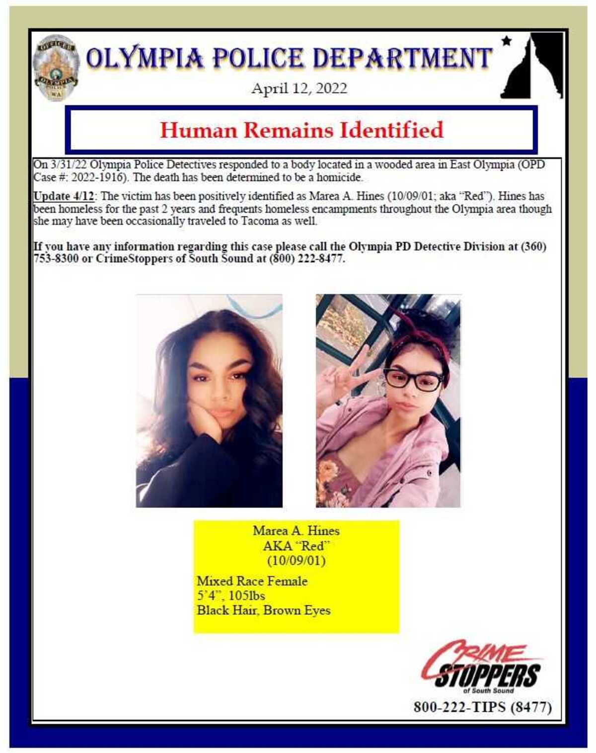The Olympia Police Department flier about Marea Hines’ death.