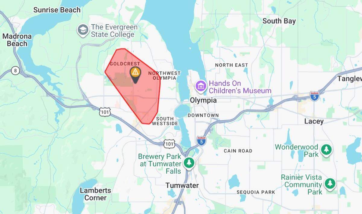 A Puget Sound Energy outage map shows the location of the outage in west Olympia.