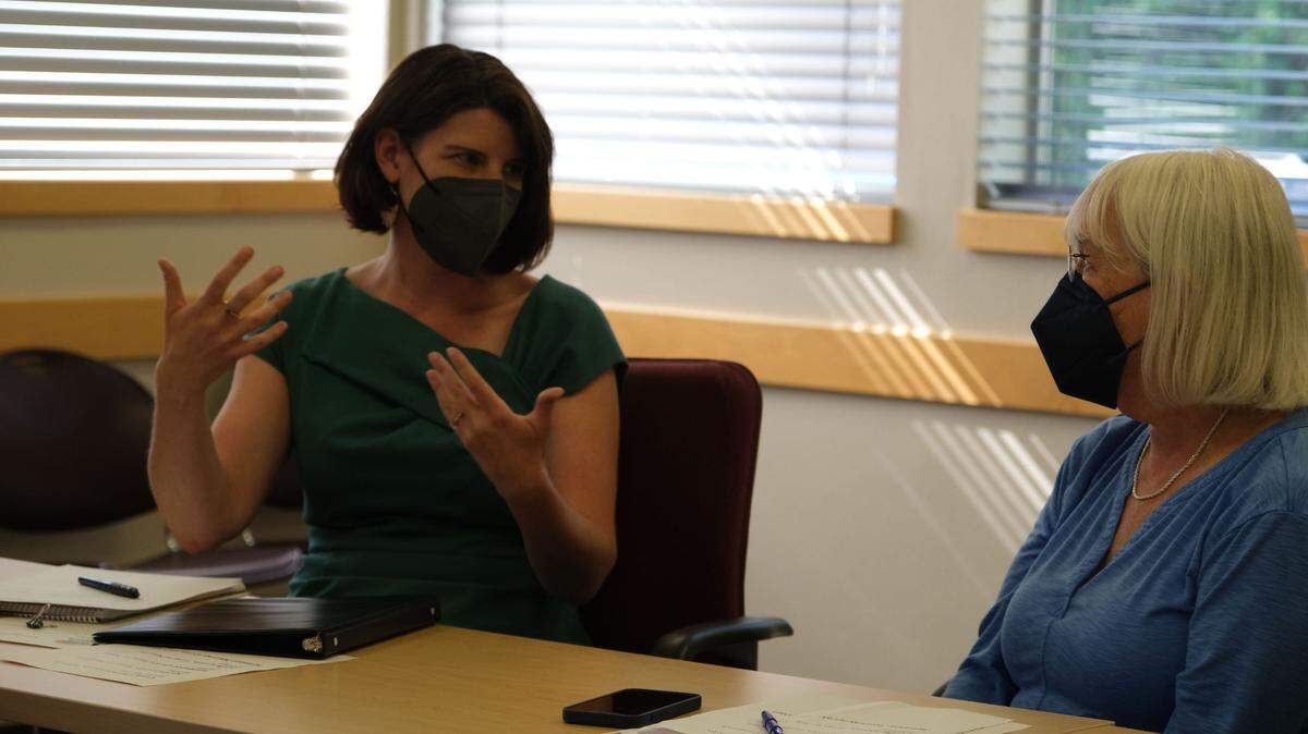Margaret Salazar, regional administrator for HUD in the Pacific Northwest, tells Sen. Patty Murray about funding for programs from the American Rescue Plan Act at a roundtable discussion on Aug. 17.