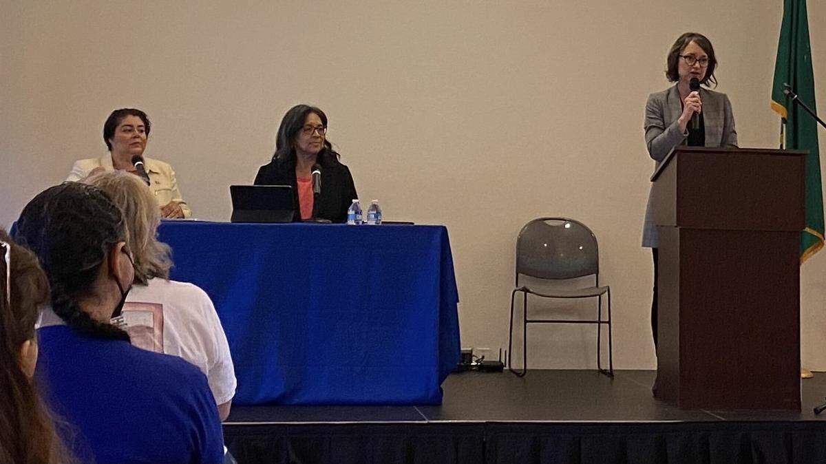 State Rep. Jessica Bateman, D-Olympia, moderated the town hall meeting with U.S. Rep. Marilyn Strickland, center, and Thurston County Commission Chair Carolina Mejia, left, on Thursday at the Lacey Community Center.