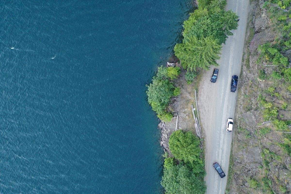 An overhead view of the area where a vehicle entered the water at Lake Cushman in Mason County Monday evening.