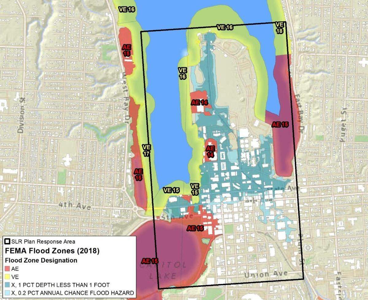 A map depicting FEMA flood zones in downtown Olympia. The red and yellow zones are known as the Special Flood Hazard Area.