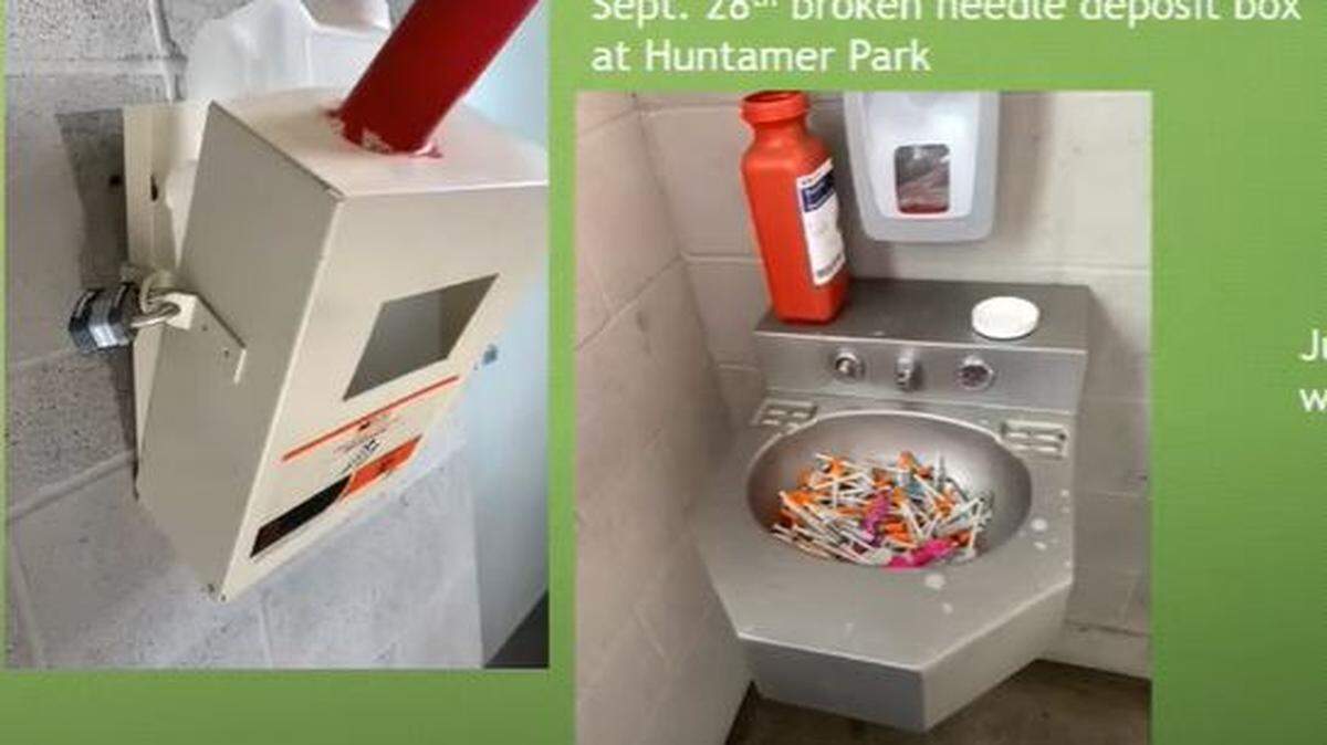 In September someone broke into a box that is used to safely dispose of syringe needles and then dumped all of them into a bathroom sink at Huntamer Park.
