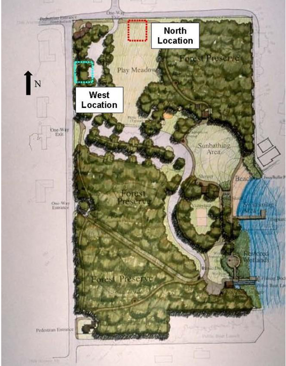 The map shows the two locations proposed for a new sewer lift station at Wanschers Park at Hicks Lake in Lacey.