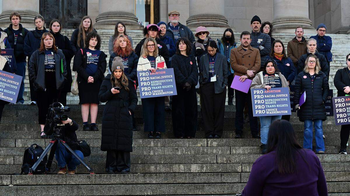 Senator Manka Dhingra, 45th District, addresses supporters to statewide abortion-access who rallied on the steps of the Legislative Building in Olympia, Wa. on Wednesday to honor the 52nd anniversary of the Roe v. Wade decision. The rally was hosted by the Pro-Choice Washington organization.