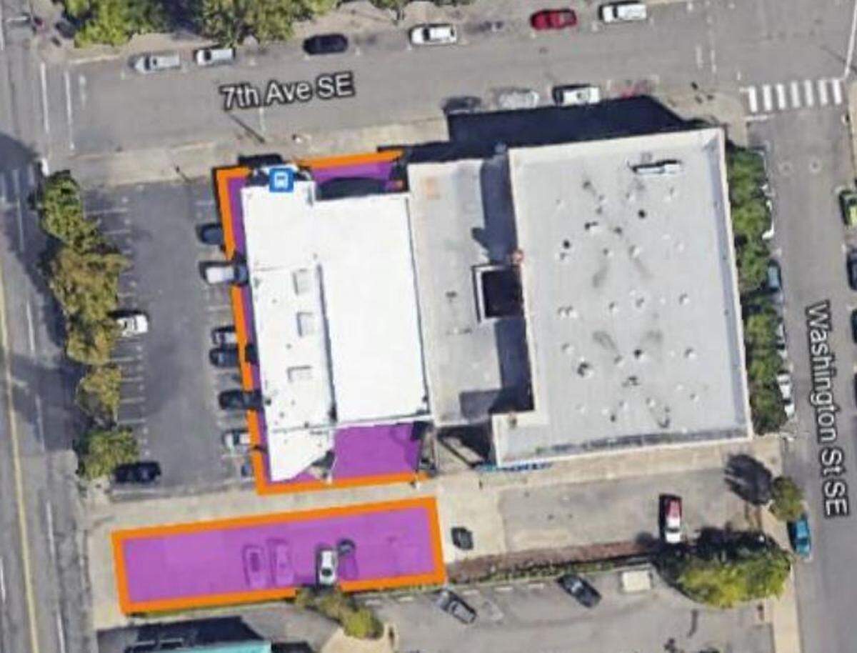 An overhead view of the former Greyhound Bus Station on Seventh Avenue in Olympia.