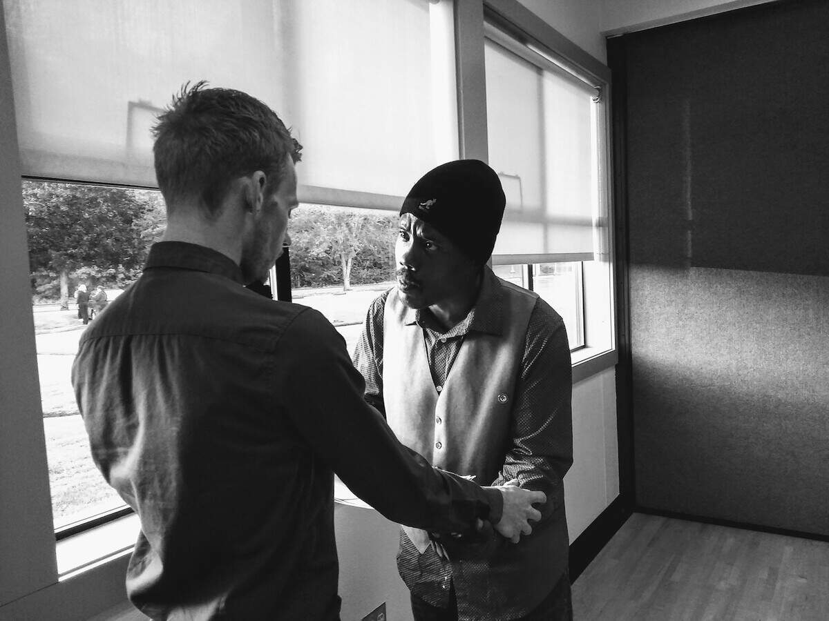 Jonathan Hart (left) and Zacchaeus Vines rehearse for Goldfinch Productions’ ”The Misanthrope.”