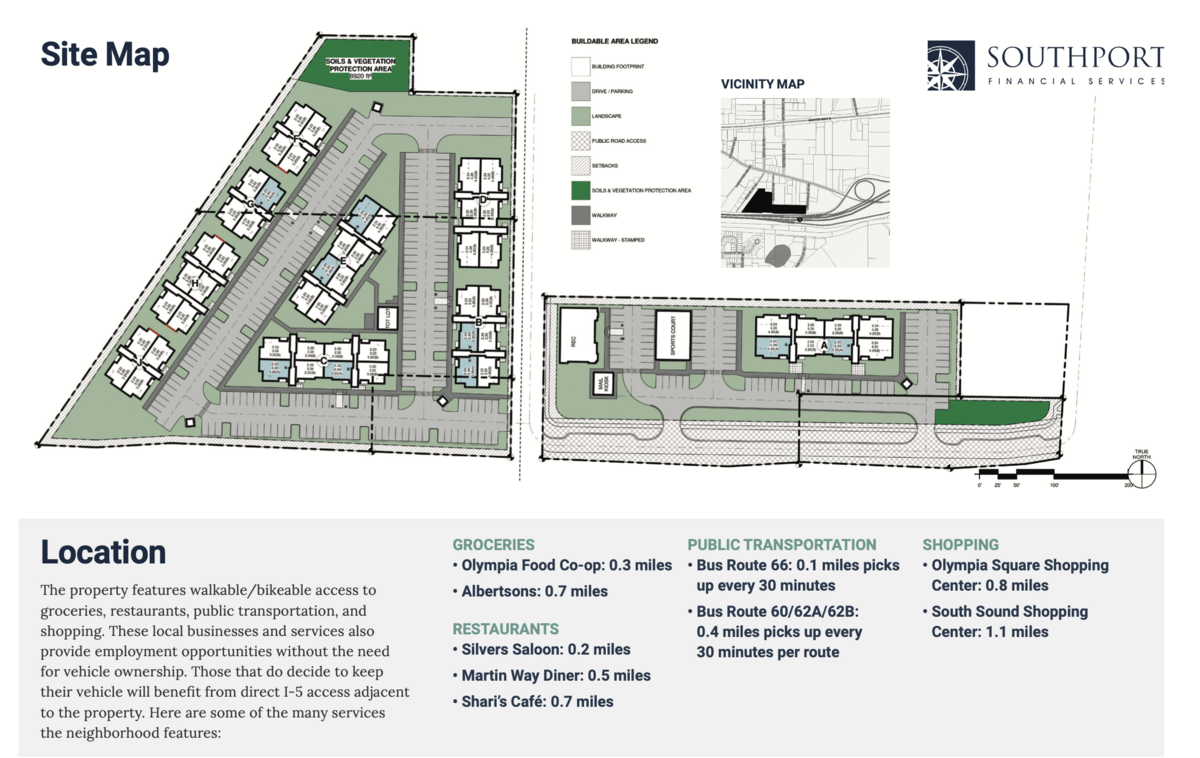 A site map for Lansdale Pointe, a proposed apartment complex at 911 Burr Road SE in Olympia.