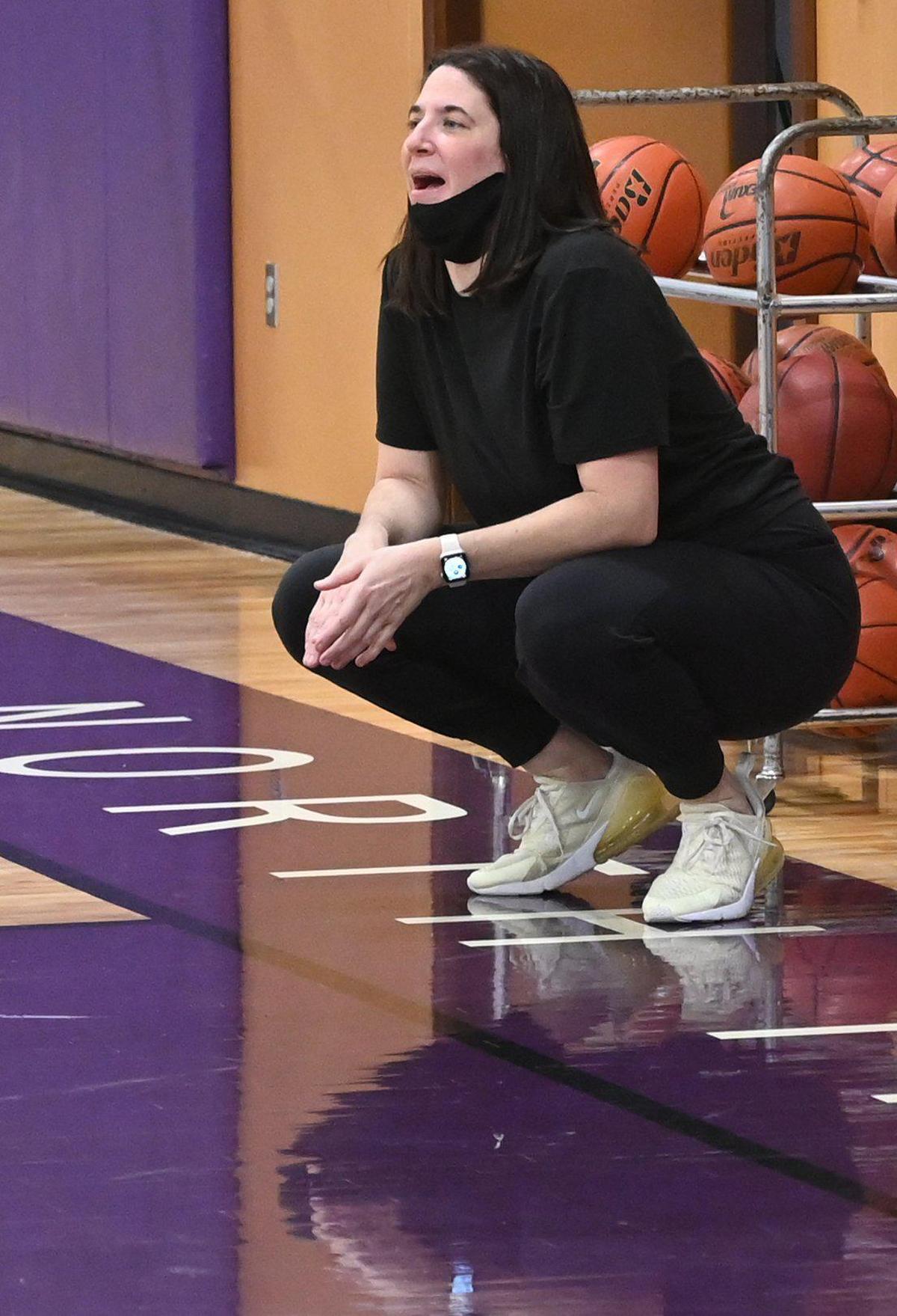 North Thurston heads coach Jacqueline Meyer calls out offensive sets during the Rams’ practice. Photo taken Jan.20, 2022