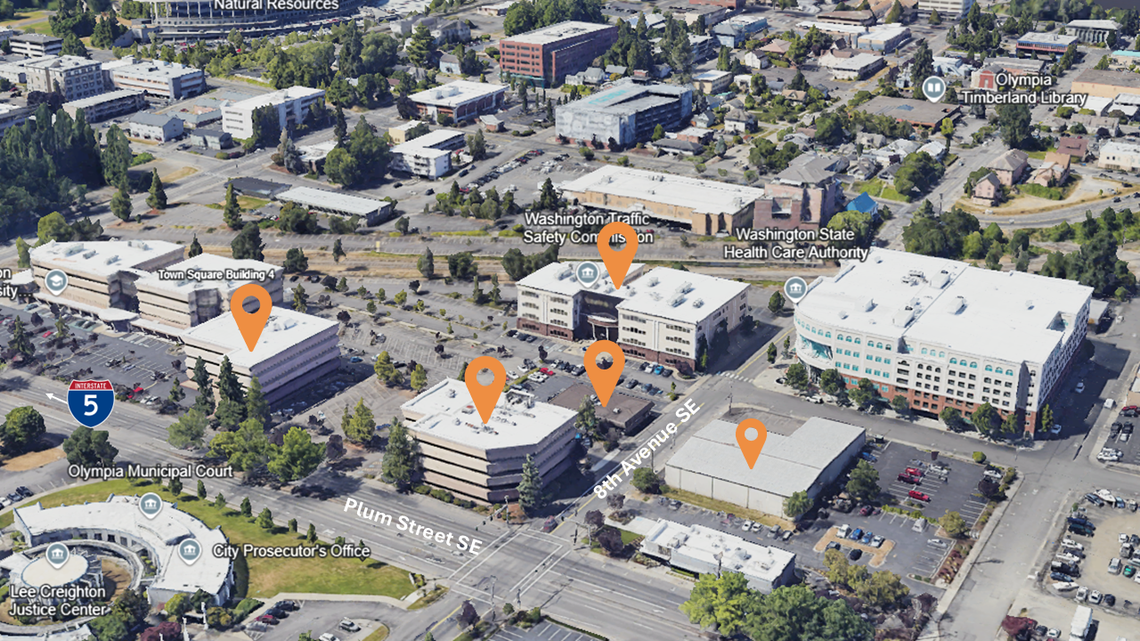 Thurston County plans to buy four buildings and a parking garage near the intersection of Plum Street and Eighth Avenue Southeast in downtown Olympia in a $34.9 million deal with Vine Street Associates LLC. The county shared an image that points out the five structures that are part of the deal.