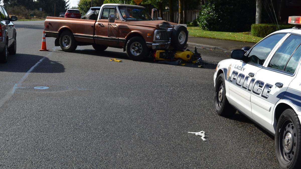 Jason Brown was riding his motorcycle southbound Friday on Rainier Road, while a man in a pick-up truck was northbound. The pickup driver started to turn left onto Rainier Loop and the two crashed head-on, Lacey Detective Jon Mason said Tuesday. The man driving the truck was issued a ticket for failing to yield, Mason said. Brown’s motorcycle slid under the truck while he went over it.