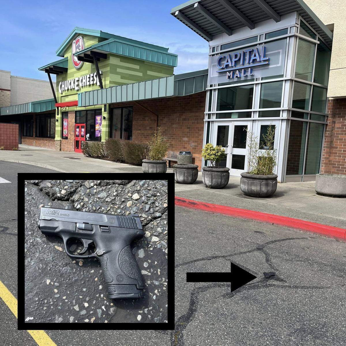 A witness called 911 to report a handgun outside a Capital Mall entrance next to Chuck E. Cheese in Olympia on March 31, 2026, Thurston County Sheriff Derek Sanders shared on Facebook. Law enforcement allege a suspect discarded the weapon during a vehicle pursuit that same day.
