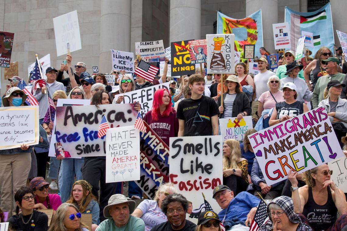 Demonstrators filled the steps of the Legislative Building during the “No Kings” protest, denouncing the leadership of President Donald Trump and Elon Musk on Saturday, June 14, 2025, in Olympia, Wash.