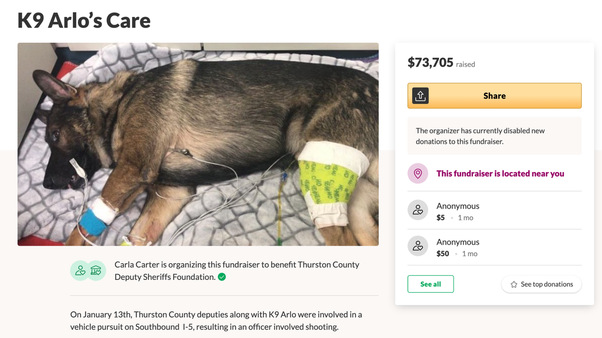 The Thurston County Sheriff’s Foundation raised $73,705 for K9 Arlo after he was involved in a Jan. 13 shooting on the Interstate 5. A report on the investigation obtained by The Olympian indicates friendly fire likely injured Arlo. 