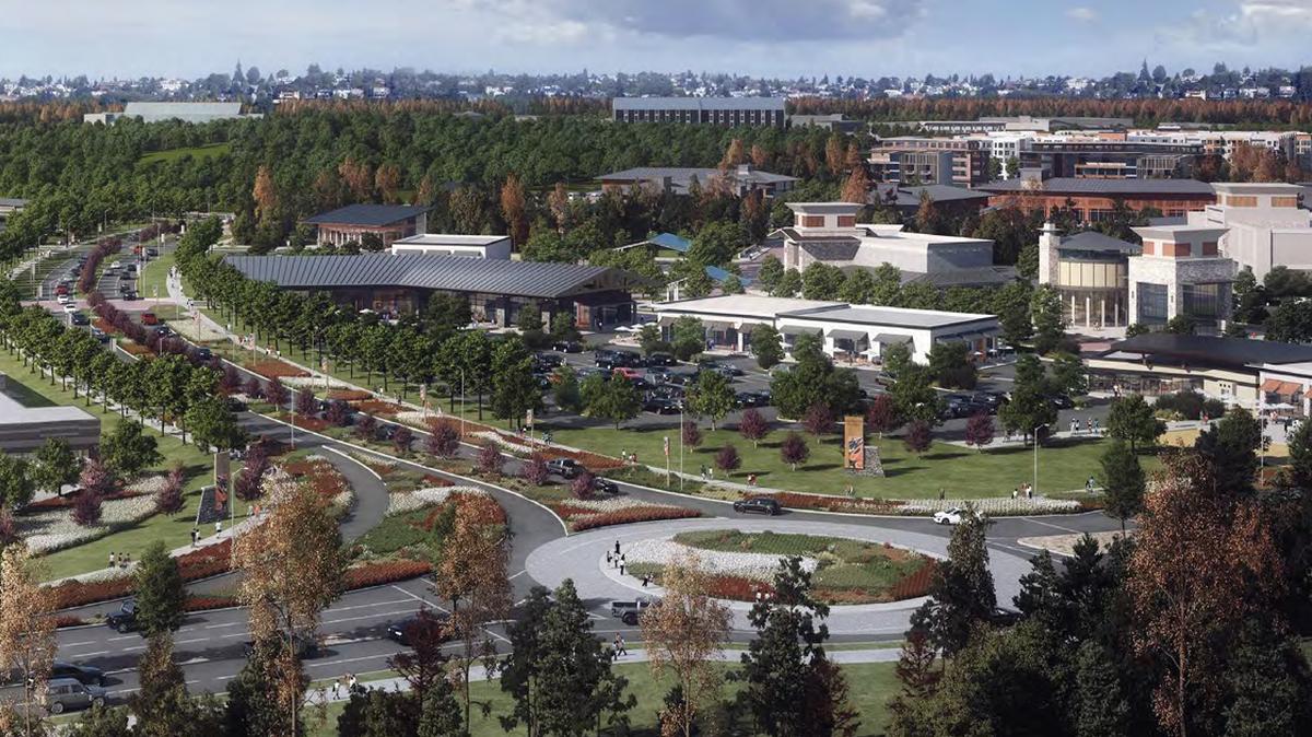 A rendering shows how the vacant land in northeast Lacey near Cabela’s could be transformed under the Nisqually proposal. This viewpoint is looking west. The roundabout at Marvin Road Northeast is in the foreground.