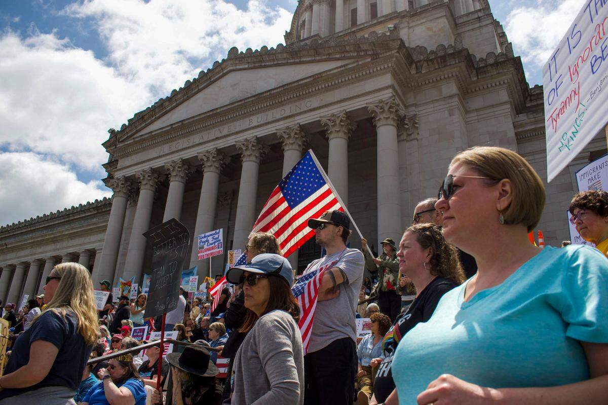 Demonstrators filled the steps of the Legislative Building and most of the space between there and the Temple of Justice during the “No Kings” protest against President Donald Trump on Saturday, June 14, 2025, in Olympia, Wash.