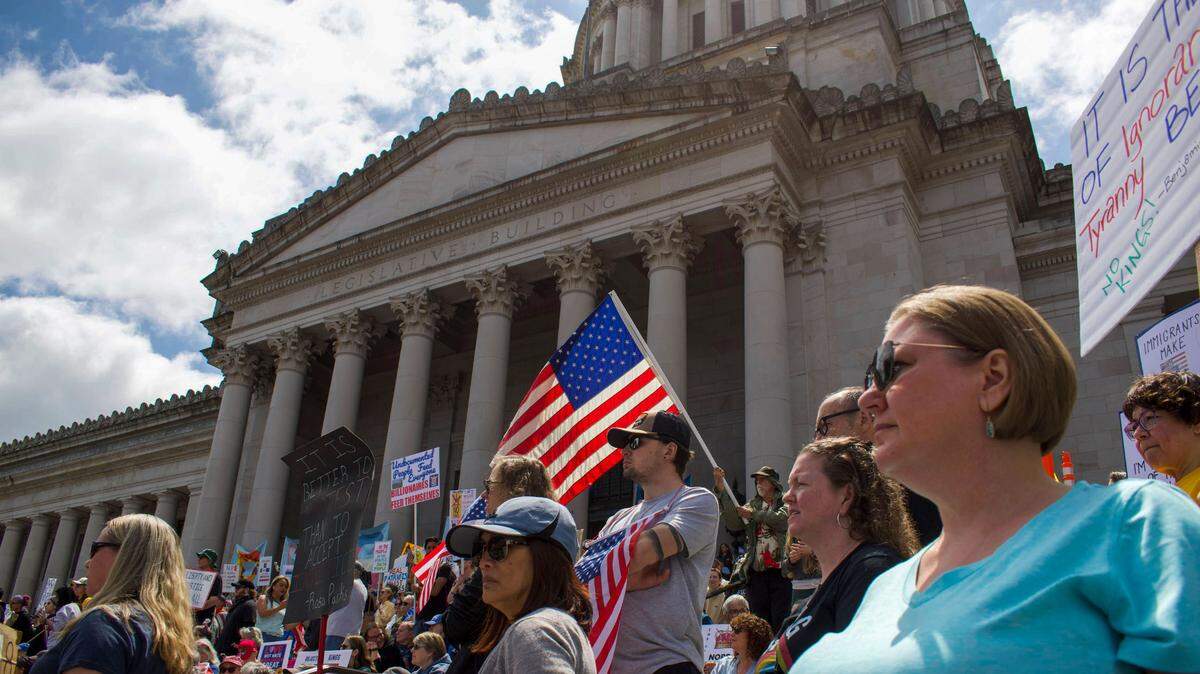 Demonstrators filled the steps of the Legislative Building and most of the space between there and the Temple of Justice during the “No Kings” protest against President Donald Trump on Saturday, June 14, 2025, in Olympia, Wash.