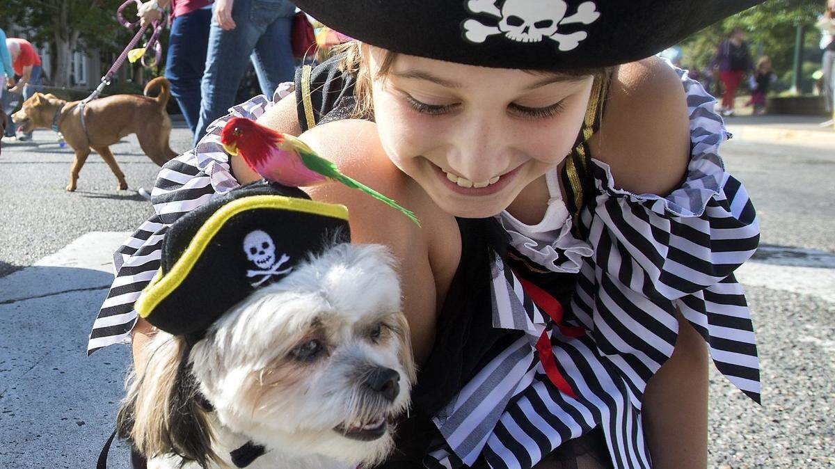 Wearing pirate gear in the spirit of the 2015 Pet Parade theme “Under the Sea,” Peyton Newcomb said her Shih tsu mix Tori likes to dress up and rarely tries to shed its costume, even with a parrot on it head.